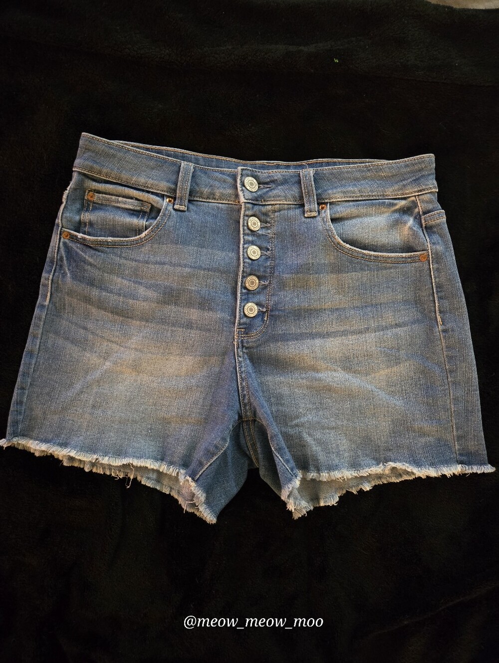 Time and Tru high-rise denim shorts in a medium wash featuring a button fly